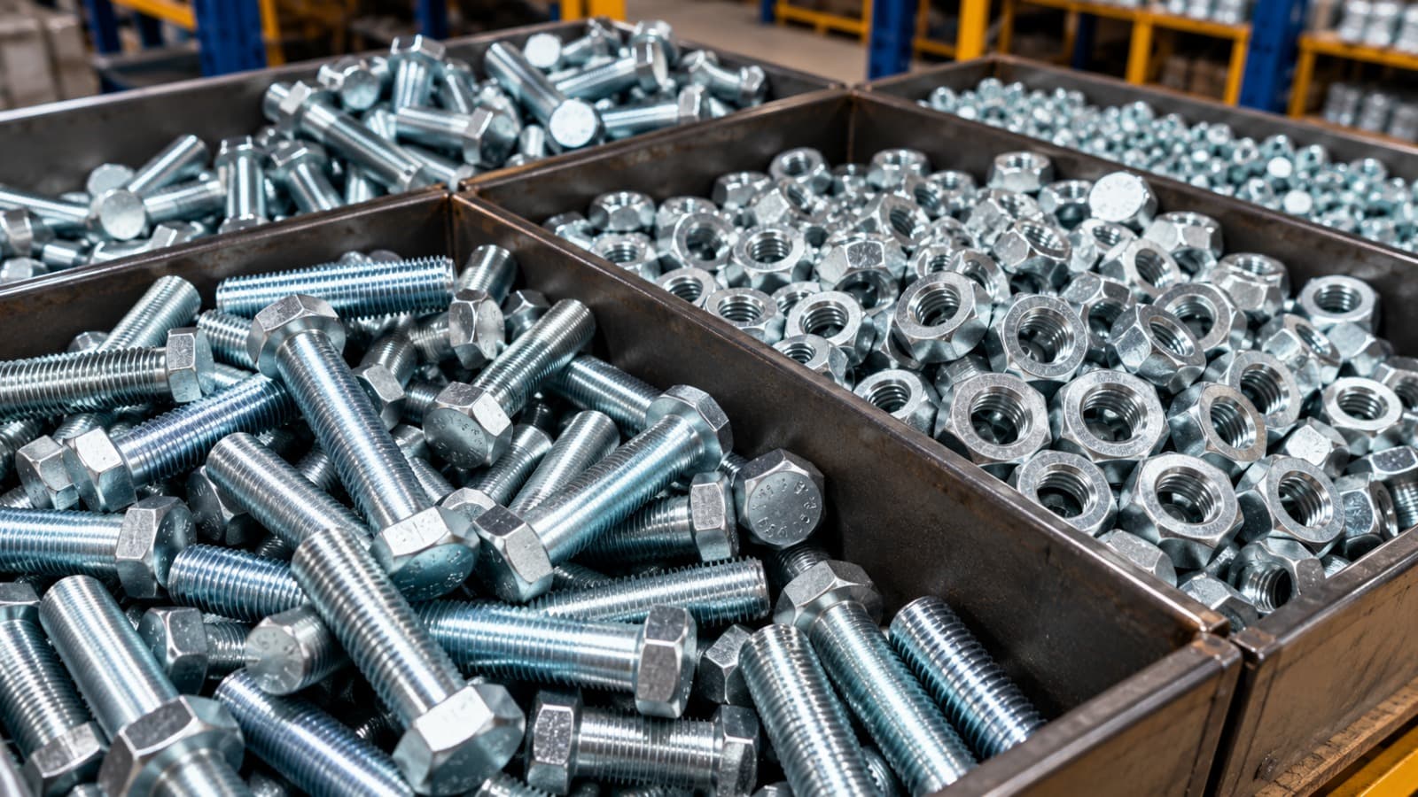 Bins of zinc-plated hex bolts and hex nuts