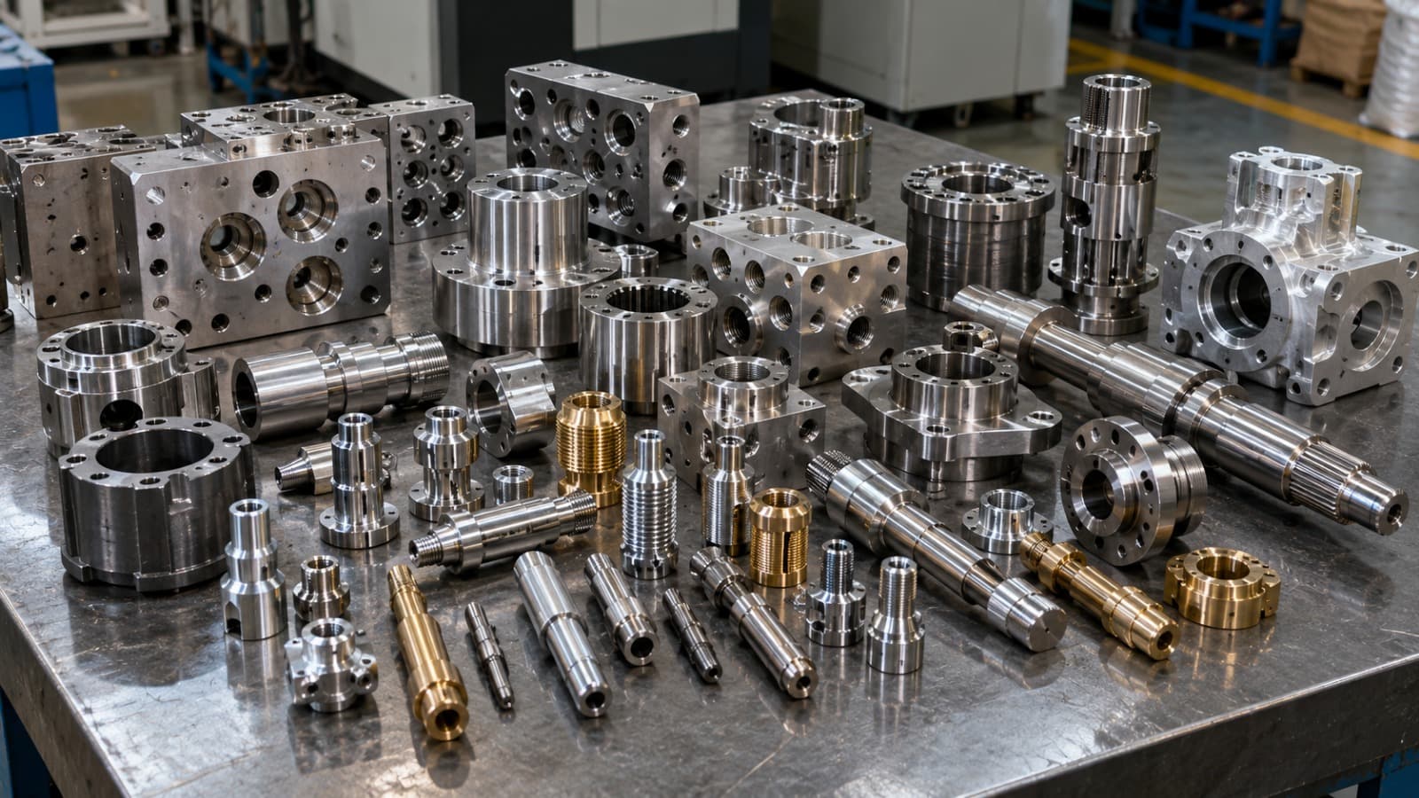 Machined steel and brass manifold blocks, flanges, shafts and turned parts on a steel bench