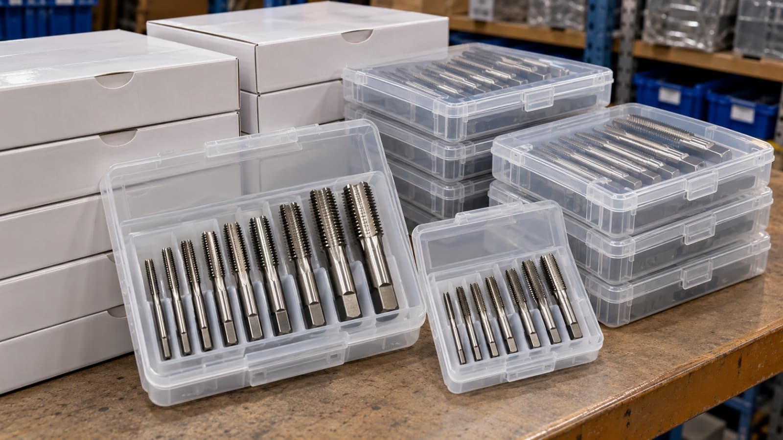 Hand tap sets packed in clear cases